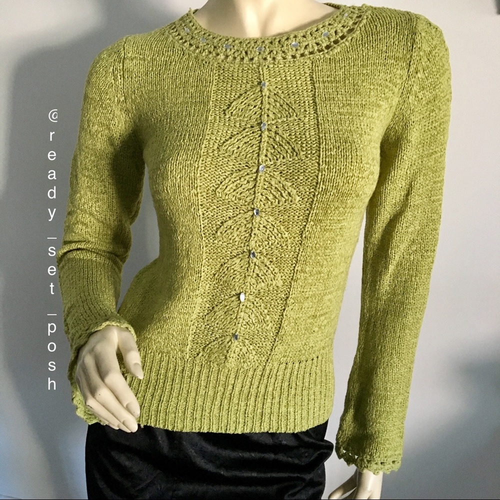Qin Qin Green Soft Crochet Sweater With Crystals